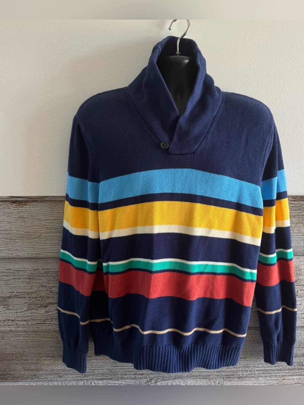 Vintage Lands’ End Men’s Large Cotton Striped Shawl Collar Sweater (E1)